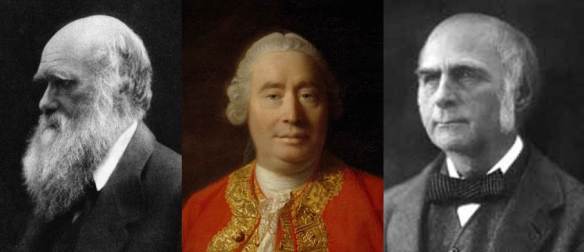In order from the left, Charles Darwin first described the “Evolution of morality”, David Hume first described the ‘ought’ from ‘is’ fallacy which is key to understanding “Morality from evolution”, and Francis Galton, a pioneering advocate of eugenics, which some have argued is morally justified by the “Morality of Evolution”